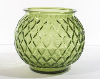 Vintage Avocado Green Glass Harlequin pattern Bowl Dish Planter Textured 5 1/4 inches tall Diamond