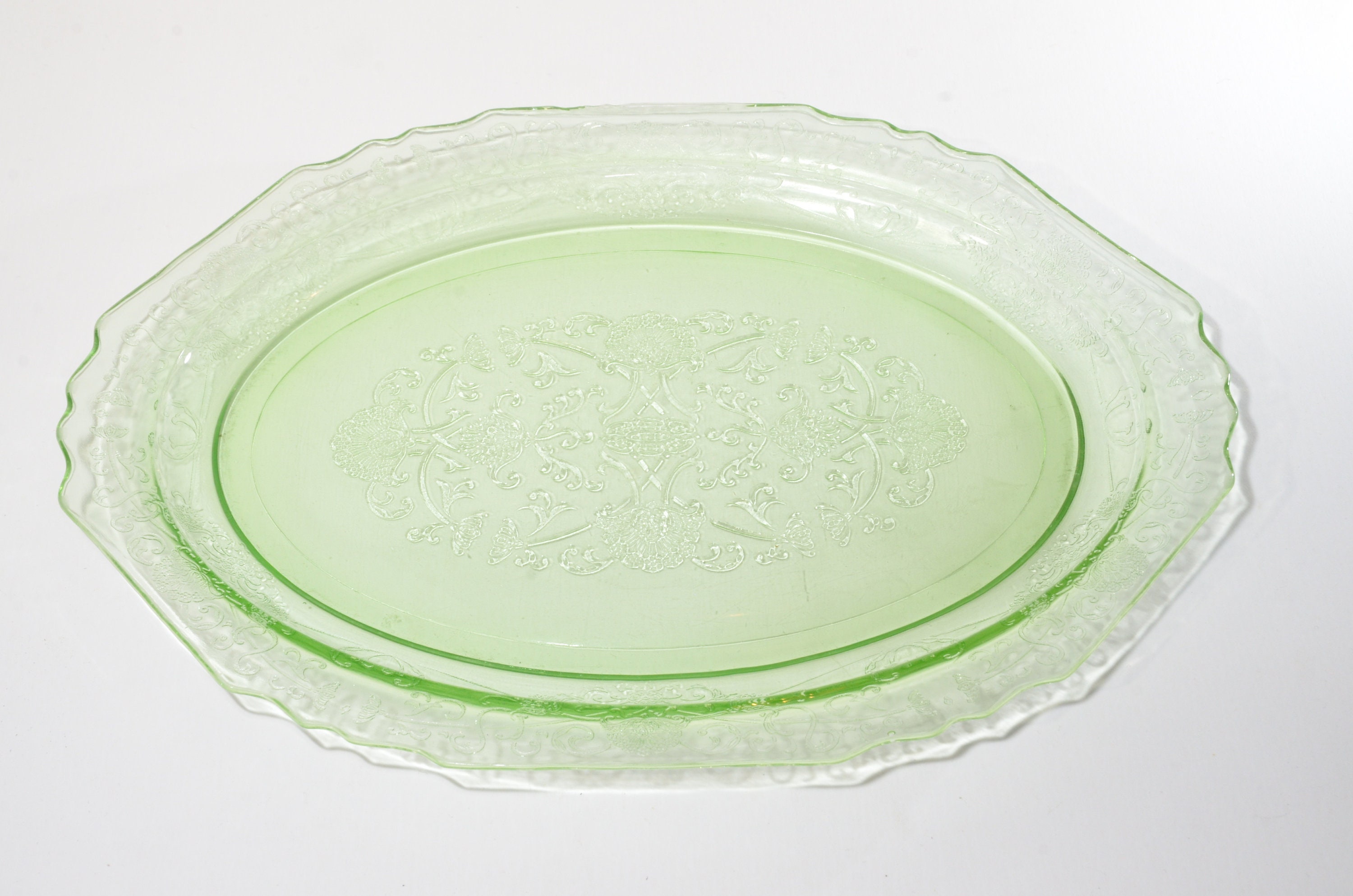 HAZEL ATLAS Green Depression Glass Oval Platter 11 Inches