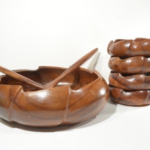 Vintage large salad bowl set wooden bowl spoon fork 4 serving bowl Canada wood made in Philippine