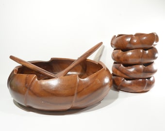 Vintage large salad bowl set wooden bowl spoon fork 4 serving bowl Canada wood made in Philippine