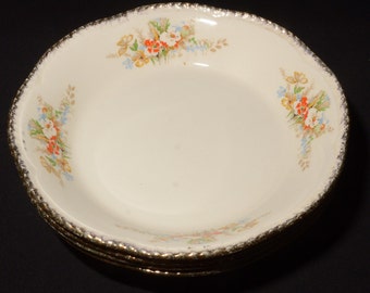Set of 4 Vintage Woods Ivory cream coupe bowl 7.5" deep plate poppy orange white flower large gold rim Bone China England