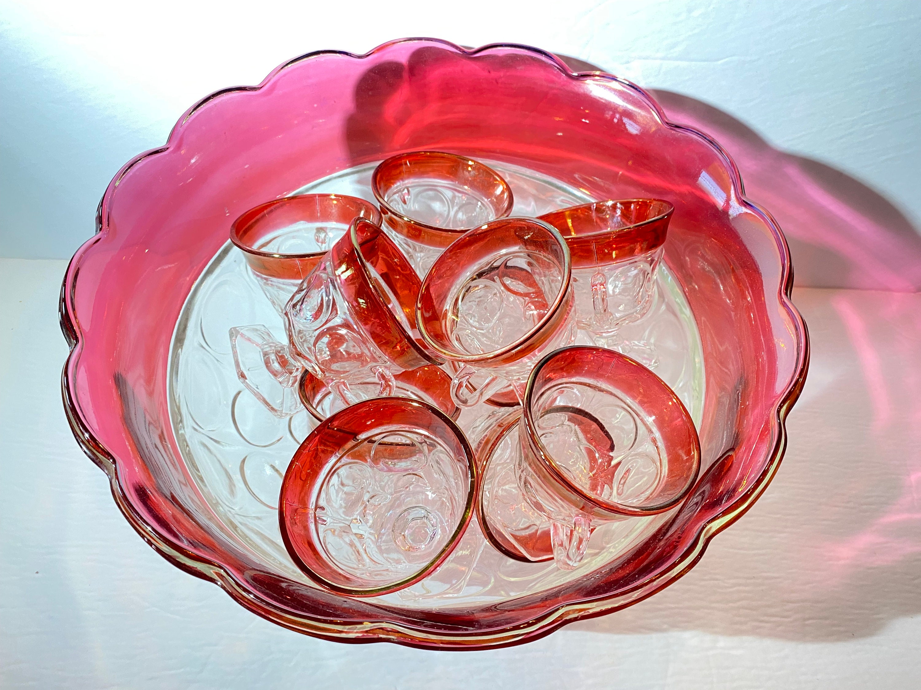 食器  KINGSBOWL Indiana Glass Cranberry Glass Punch Bowl Set 11 Glasses Footed