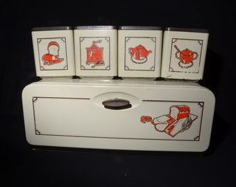 Vintage Set of 5 ECKO Canada Limited bread box canister Flour Sugar  Tea Coffee metal Tin Storage Container mcm beige red brown lid