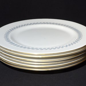 Set of 6 Royal Doulton Riviera dinner plate 10.25&quot; Bone China England ribbon Blue floral garland gold trim SCRATCHES