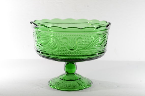 E.O. Brody Green Glass pedestal dish candy dish compote centerpiece bowl Vintage beaded flower leaf