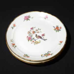 Set of 4 Limoges Porcelaine de France hand painted plate 6 3/4 inches peacock floral bouquet gold rim porcelain Vintage bird