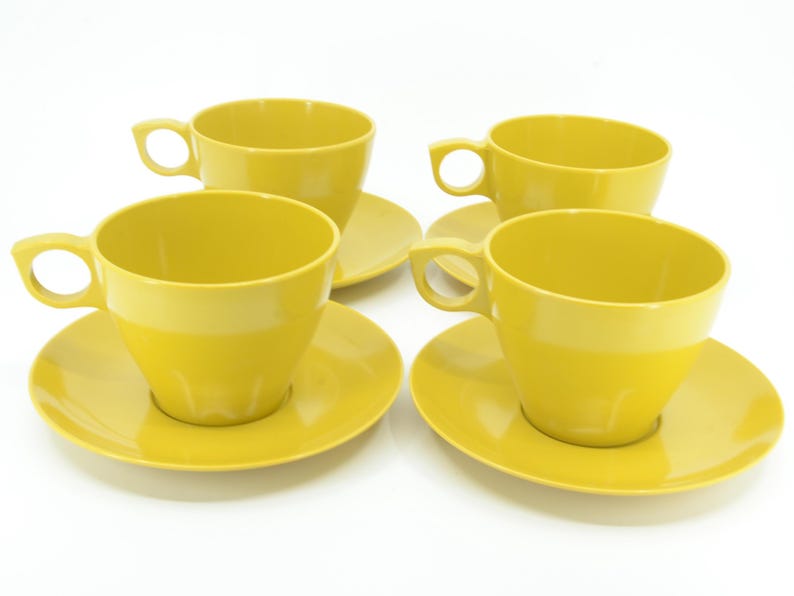 Vintage Set of 4 MAPLEX Melmac Mustard yellow Teacup and saucer yellow Mid century Hard Plastic Melamine Camping cups 8 pc image 1