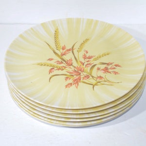 Vintage Set of 6 MELMAC Maplex Dinner Plate sand yellow tangerine floral flower wheat Mid century Hard Plastic Melamine 9.75&quot;