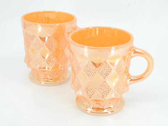 Fire King Set of 2 Vintage Peach Lustre Mug Kimberly Pattern 1950s