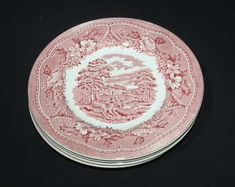 Old Castle by Barratts set of 4 bread and butter dessert plate 7 inches England red pink transferware Staffordshire