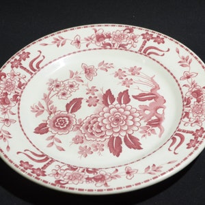 Duraline Grindley Cassidy&#39;s Dinner Plate Red Pink Floral Transferware 9 1/4&quot; vitrified ivory Hotelware midcentury