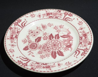 Duraline Grindley Cassidys middagstallrik Röd Rosa Blommig Transferware 9 1/4" vitrifierad elfenben Hotellporslin 50-talet