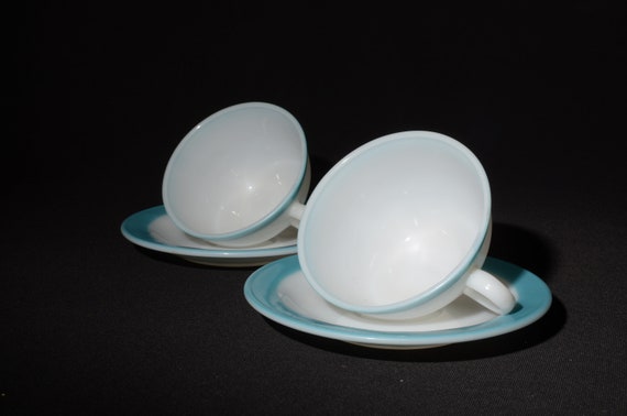 PYREX Set of 2 Blue Band Border Rim Teacup and Saucer