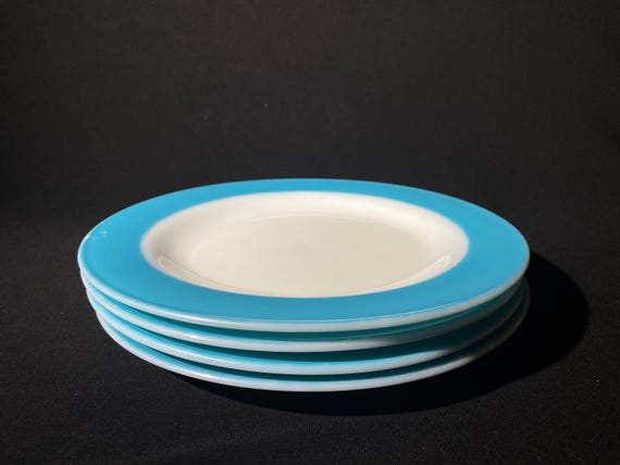 PYREX Set of 4 Turquoise Band Dinner Plate Blue Border Rim 10