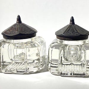 Set of 2 Antique Inkwell Glass Ink Bottle with Metal Top Lid Wonderful condition
