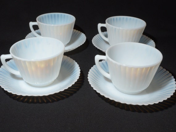 Set of 4 MacBeth Evans teacup and saucer set opalescent depression 