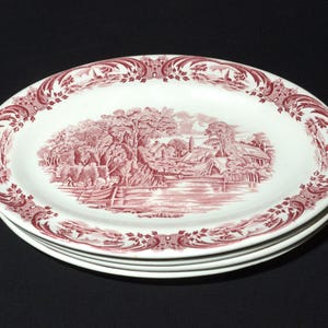 Set of 4 WH Grindley  oval plate platter Scenes After Constable red transferware 11-1/4&quot; super vitrified Hotelware England steak plate