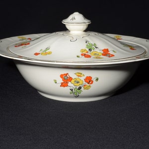 ALFRED MEAKIN Bone China serving dish vegetable bowl casserole covered Vintage DAMAGED art deco yellow orange poppy flower tureen