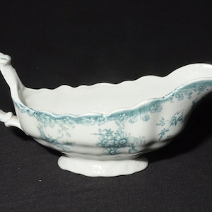 Antique Porcelaine Royale Mostyn pattern by Pitcairns gravy boat Made in England teal green transferware Porcelain Tunstall rare