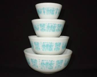 PYREX アーミッシュ バタープリント ターコイズボウル 4個セット 401