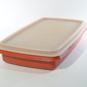 Op de afbeelding: Een rechthoekige oranje plastic container met een beige deksel. De container heeft een licht afgeronde vorm en is gemaakt van duurzaam plastic.