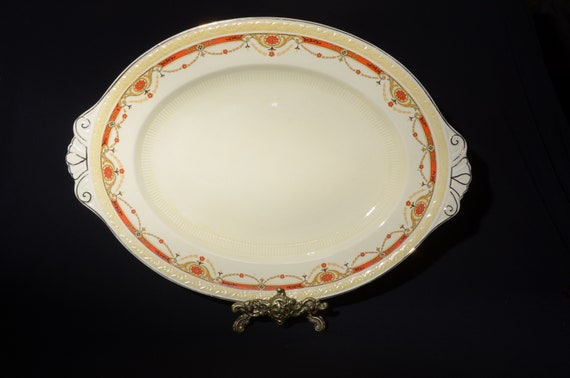 Sunshine Sol J&G Meakin large serving plate 16.5" platter band handles ironstone creamy orange black  golden  scroll 391413 Thanksgiving