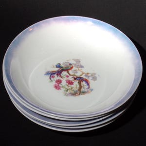 5er Set Czechoslovakia Para Lusterware flache Schale tiefer Teller Porzellan Paradiesvogel lila weiß Vintage Czechoslovakia