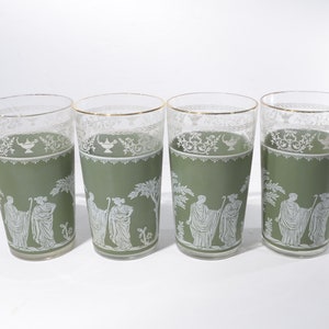 Jeannette Jasperware Wedgwood Hellenic glasses Set of 4 tumbler sage green 5 1/2! tall high ball drinking glass MCM Drink Set Barware Greek