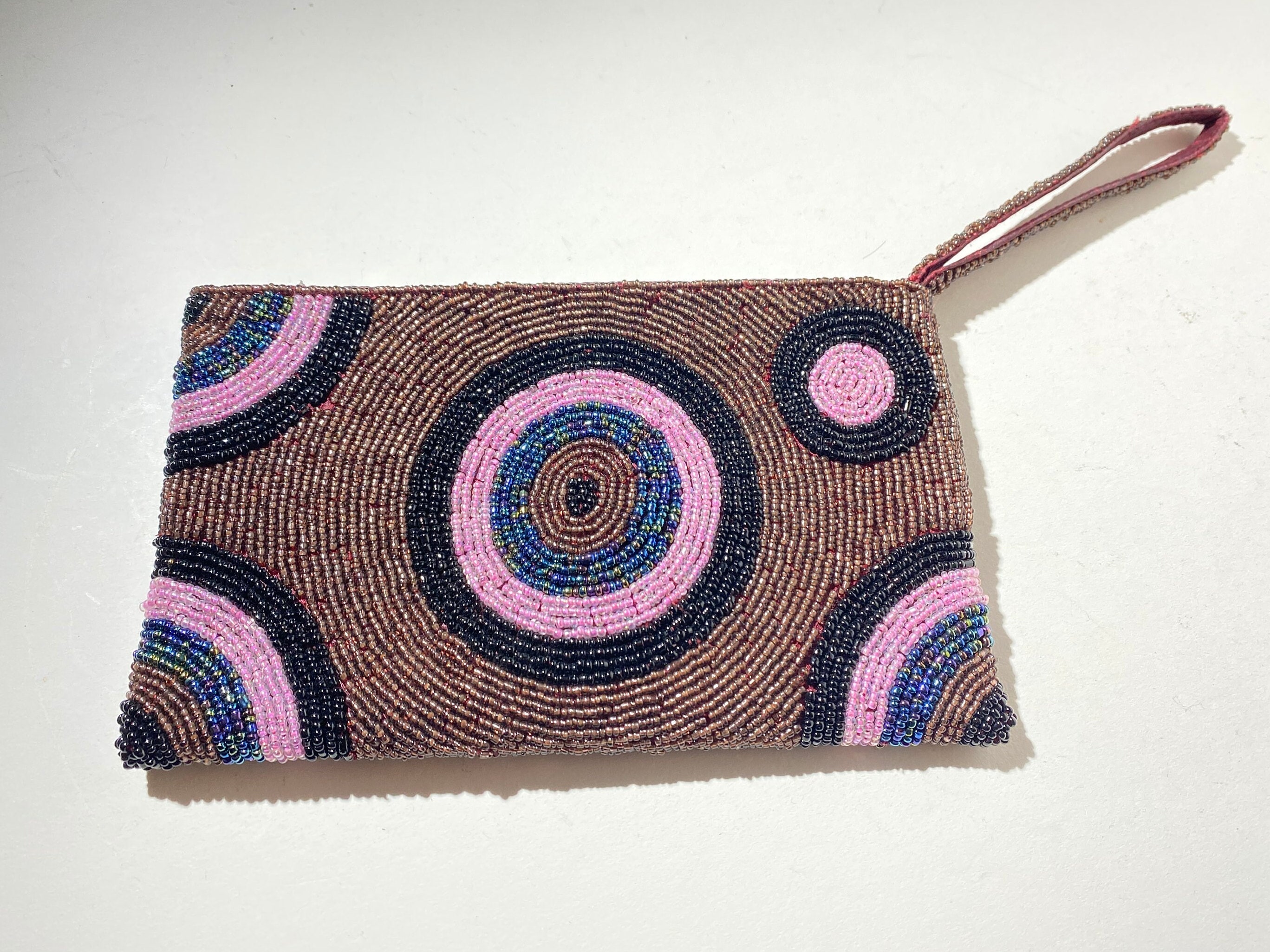 Vintage multicolored beaded Handbag Purse prom zipper funky circles black iridescent brown blue unmarked