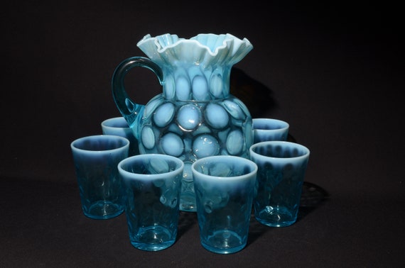 Fenton Blue Opalescent Coin Spot Dot Glass Pitcher 6 Tumbler
