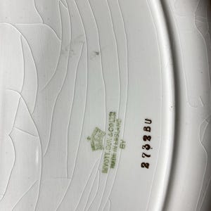 May include: Close-up of a white ceramic plate with a cracked glaze. The plate has a slightly raised edge. The words "MYOTT, SON & CO LTD MADE IN ENGLAND" are printed in green, along with the number "2732 BU".