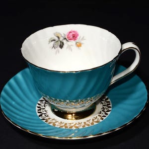 Blue Ridgway Potteries Ltd Royal ADDERLEY Vintage Fine Bone China Tea Cup and Saucer turquoise teal swirl aqua