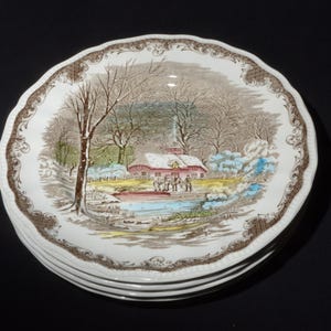 Set of 4 Shakespeare Sonnets dinner plate 10 inches Anne Hathaway&#39;s Cottage Kensington R2815 England Transferware winter scene Excellent