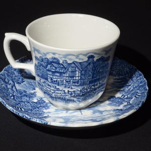 Vintage Ridgway Shakespeare&#39;s Country Staffordshire Teacup and saucer England blue transferware Ironstone Trinity Church