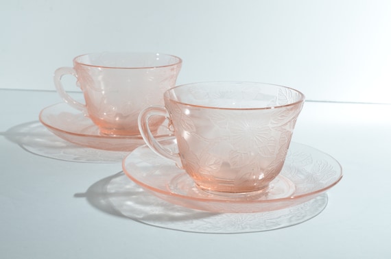 Set of 2 Dogwood MacBeth-Evans Pink depression glass teacup and saucer coffee cup vintage floral flowers thick