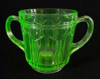 Hocking glass Green Depression Glass Colonial Knife and fork Sugar bowl Large Double Handle no lid Vintage Green Uranium CHIPS