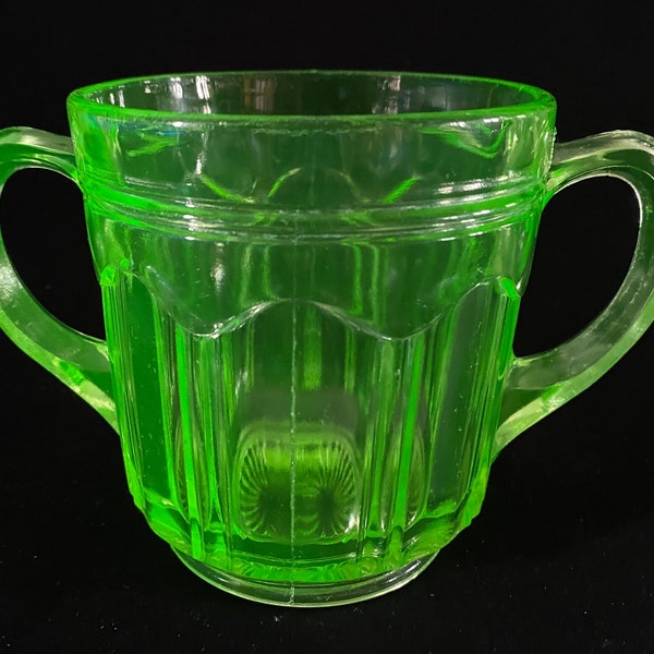 Hocking glass Green Depression Glass Colonial Knife and fork Sugar bowl Large Double Handle no lid Vintage Green Uranium CHIPS