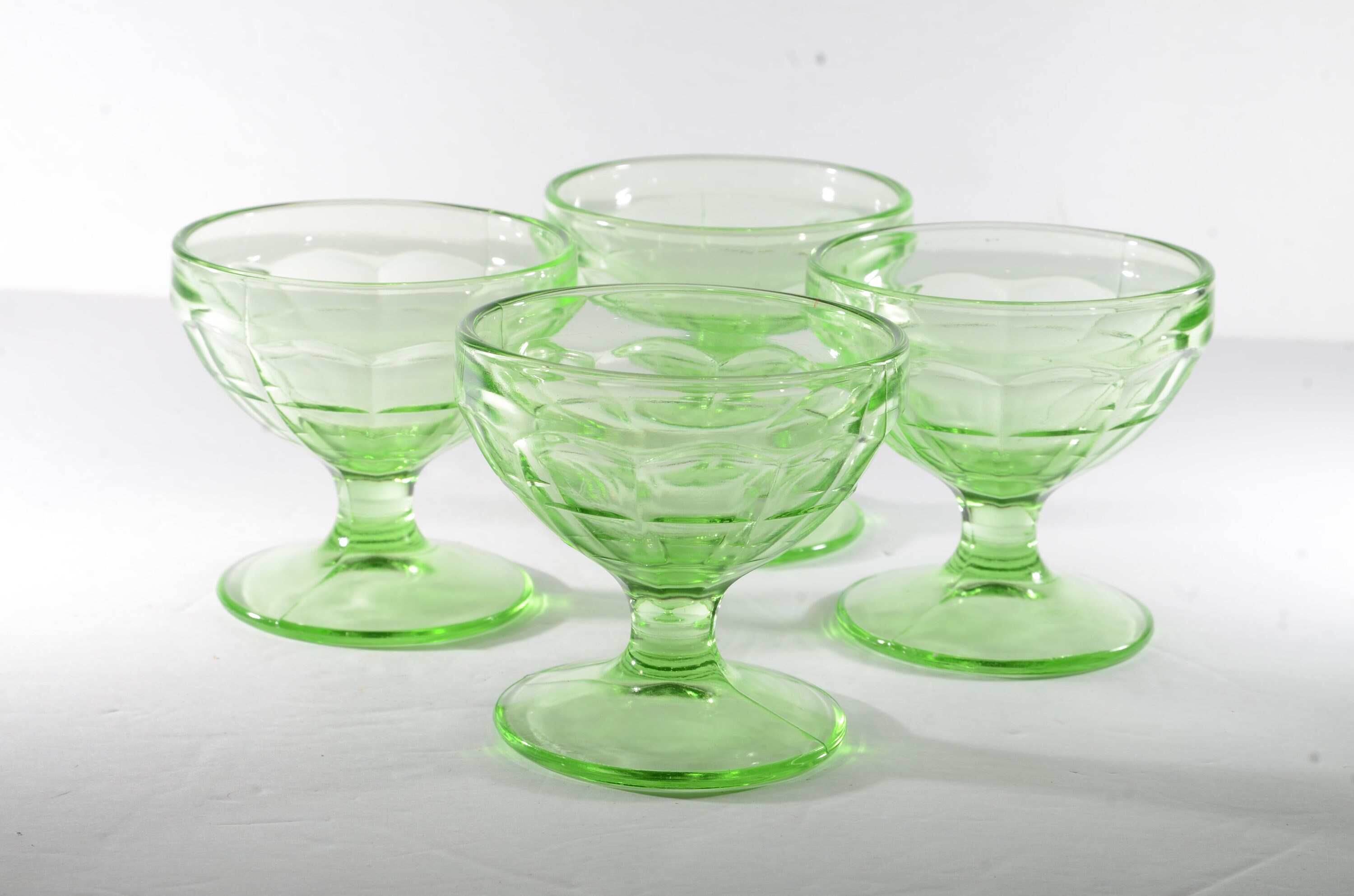 Bowls 4 Green Vaseline Glass Fruit Cups Vintage Depression Glass Set 4