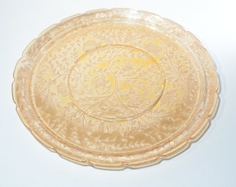 Vidrio de la Depresión FLORAGOLD Louisa Jeannette Glass Marigold Plato grande redondo para frutas Plato para sándwiches de la época de la Depresión Carnival ARAÑAZOS