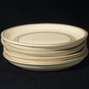 Puede incluir: Una pila de cuatro platos redondos de cerámica en color crema claro. Cada plato presenta un sutil patrón circular concéntrico grabado en la superficie, con un borde ligeramente elevado y un acabado mate suave en todo el conjunto de vajilla.
