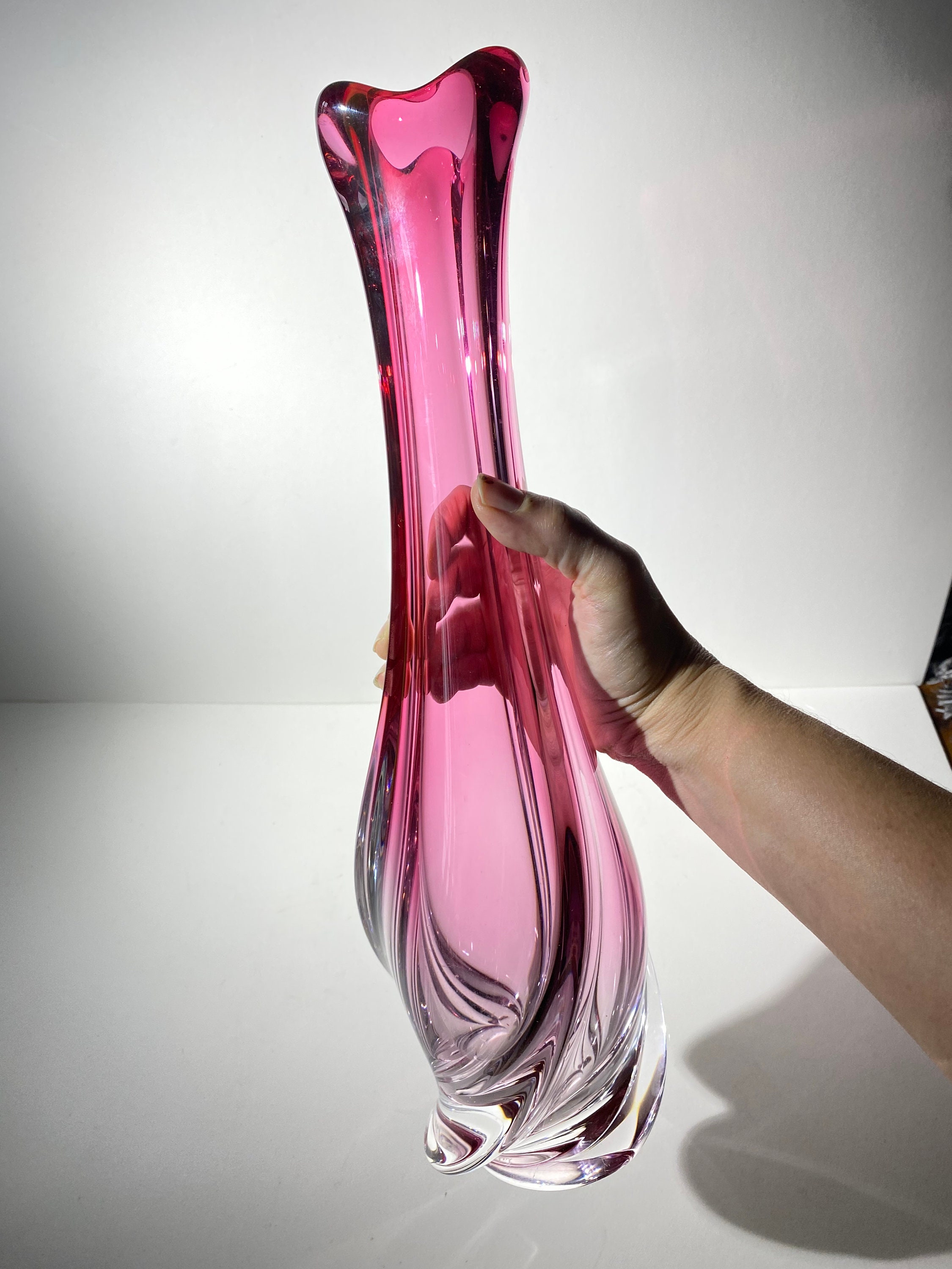 Val St Lambert Cranberry Pink Crystal Vase 15.25