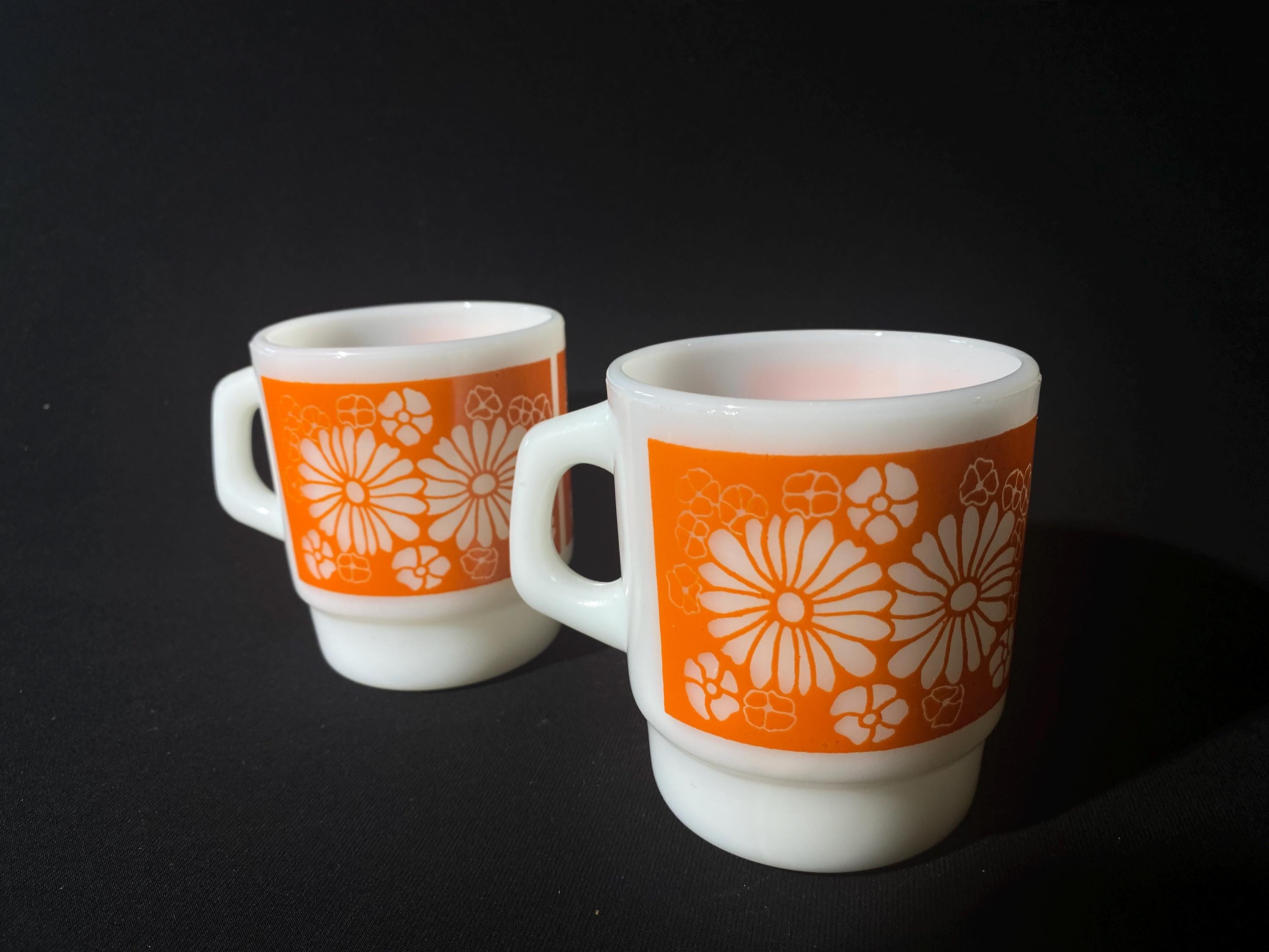 Set of 2 Fire King Vintage Orange Daisy Milk Glass Coffee Mug D 