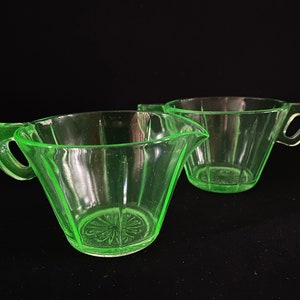 US Company Tendril Green Depression Glass sugar bowl and creamer set paneled vintage uranium glass