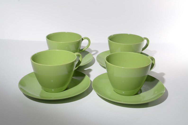 Vintage Set of 4 avocado green MELMAC Maplex Teacup and saucer sets Mid century Hard Plastic Melamine cups mug Canada Quality Dinnerware image 2