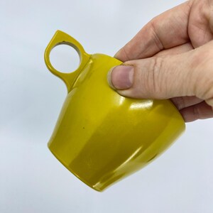 Vintage Set of 4 MAPLEX Melmac Mustard yellow Teacup and saucer yellow Mid century Hard Plastic Melamine Camping cups 8 pc image 6