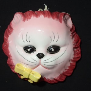 Vintage Lefton Pink Cat Kitten met gele strik plantenbak muur pocket muur plantenbak Japanse kitty kitsch Retro keuken decor collectible