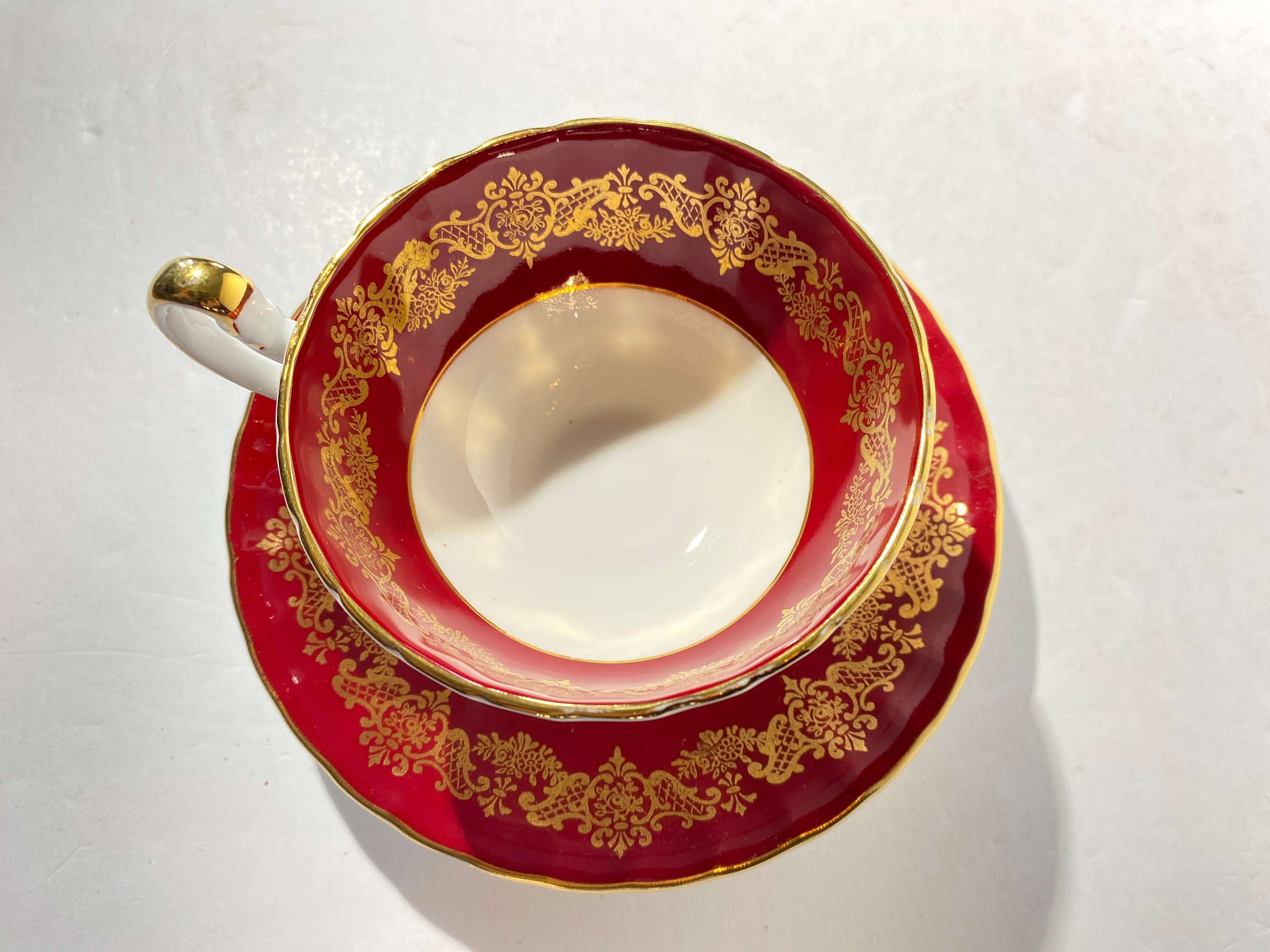 AYNSLEY Bone China Red Teacup and Saucer Set Gold Rimmed