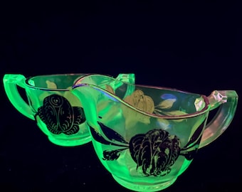Green Depression Glass sugar bowl creamer set green depression glass vintage uranium vaseline black flower painting starburst