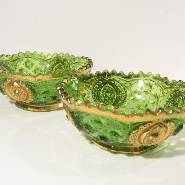 Set of 2 Eapg antique Northwood Green Glass berry bowl Memphis Green Gold trim Emerald Green Gold decorated 4.5"D  CHIP low bowl