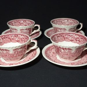 Antique Mason&#39;s Vista Set of 4 Flat Teacup and Saucer set Bone China England red pink transferware leaves landscape